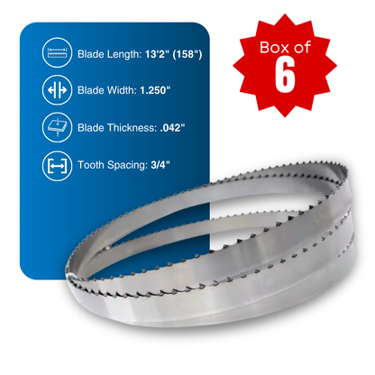 13'2"(158")  x 1-1/4" x .042" x 3/4" (Box of 6 pcs) Bandsaw Blades for Sawmills